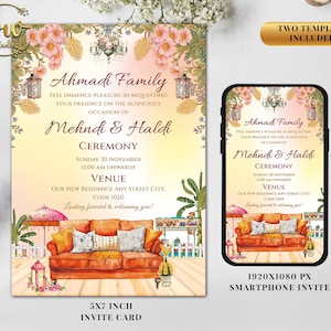 May include: A 5x7 inch invitation card and a smartphone invite featuring a Mehndi & Haldi ceremony announcement. The design includes floral accents, a sofa illustration, and the text "Ahmadi Family".