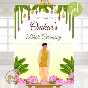May include: A digital illustration of a welcome sign for "Omkar's Dhoti Ceremony." The sign features a central figure in traditional Indian attire, surrounded by floral and decorative elements. The design includes text and a decorative border.