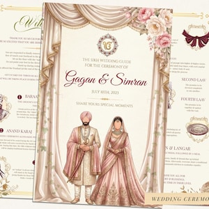 Könnte beinhalten: Ein Hochzeitszeremonie-Programm mit einem Sikh-Hochzeitsführer für Gagan & Simran. Das Design umfasst Illustrationen eines Paares, florale Akzente und Text. Das Programm ist in Creme-, Rosa- und Goldtönen gehalten.