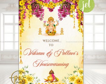 Cartello di benvenuto indiano per l'inaugurazione della casa / Cartello di benvenuto indù Graha Pravesh / Arredamento Griha Pravesh / Cartello Vastu Pooja / Download digitale