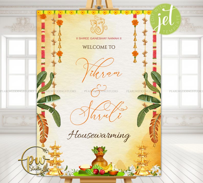 May include: A welcome sign for a housewarming event. The sign features the names "Vikram & Shruti" in elegant script. The design includes traditional Indian motifs, floral garlands, and a golden color scheme. The text "Housewarming" is also displayed.