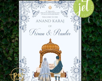 May include: A wedding announcement sign with a blue and white floral border. The sign features a couple standing in front of a golden temple with the text "Welcome to the Anand Karaj of Kiran & Ranbir".