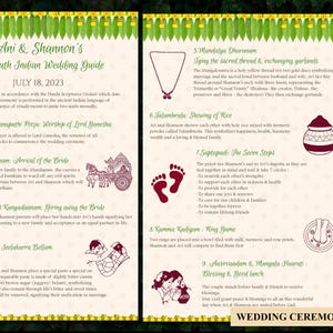 Peut inclure: Un guide de mariage sud-indien intitulé "Ani & Shannon's" daté du 18 juillet 2023. Le guide présente des illustrations et du texte décrivant divers rituels de mariage, notamment Ganapathi Pooja, Konya Aagamanam et Saptapadi.