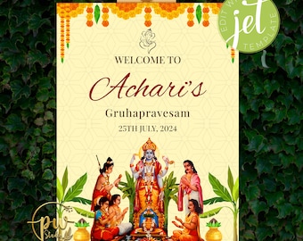 Indian Housewarming poster & Indian Housewarming banner, Griha Pravesh signs as Gruhapravesam sign, Gruhapravesham sign as Griha shanti sign