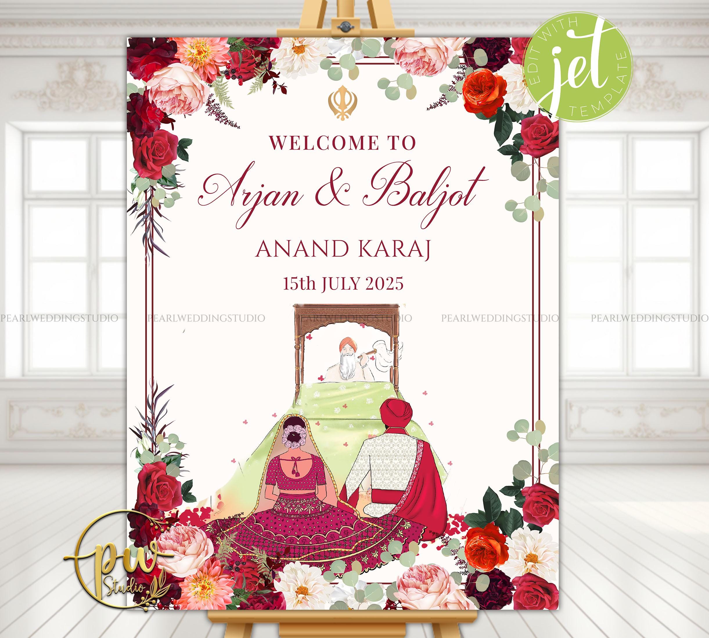 Sikh Wedding Signs & Punjabi Wedding Signs, Anand Karaj Signs as Anand Karaj Welcome sign, Indian Wedding sign Anand Karaj Sikh welcome