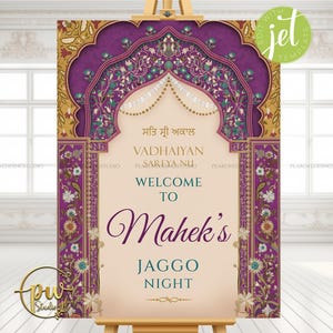 Könnte beinhalten: Dekoratives Schild mit floralem Design in Lila, Gold und Türkis, auf einer hölzernen Staffelei präsentiert. Auf dem Schild steht "Welcome to Mahek's Jaggo Night" in eleganter Schrift. Das Design umfasst verzierte Torbögen und Blumenmuster.