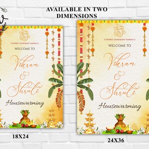 May include: Two rectangular signs with a warm, inviting design for a housewarming. The signs feature the names "Vikram & Shruti" and the text "Housewarming". The signs are available in two dimensions: 18x24 inches and 24x36 inches.
