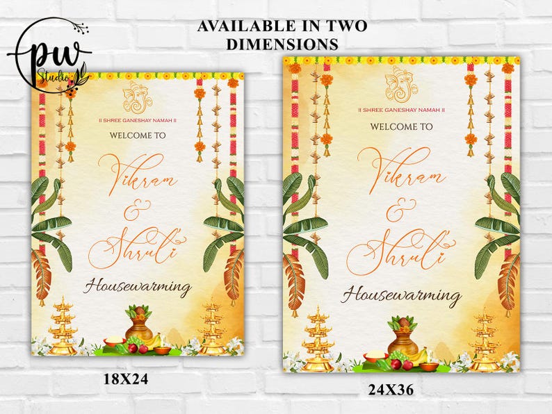 May include: Two rectangular signs with a warm, inviting design for a housewarming. The signs feature the names "Vikram & Shruti" and the text "Housewarming". The signs are available in two dimensions: 18x24 inches and 24x36 inches.