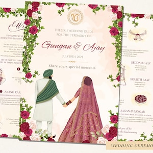 Könnte beinhalten: Sikh-Hochzeitszeremonie-Programm mit Illustrationen eines Paares und floralen Bordüren. Das Design umfasst bordeauxrote und weiße Rosen, und das Datum ist der 10. Juli 2023. Das Programm ist im Broschürenformat.