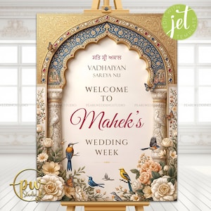 May include: An ornate wedding sign with a gold archway and blue detailing. The sign says "Welcome to Mahek's Wedding Week" in a decorative font, with floral and bird illustrations. The sign is displayed on a wooden easel, suitable for a wedding.