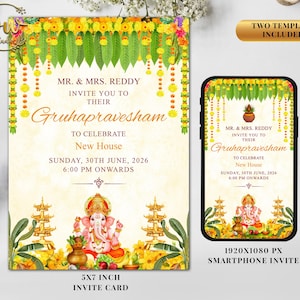 Uitnodigingskaart Indiase Griha Pravesam, housewarmingfeest uitnodigen, Vaastu Pooja uitnodigingssjabloon, elektronische digitale uitnodiging, uitnodigingskaart