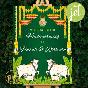 Gruhapravesam sign with cow & Gruhapravesham sign, Indian Housewarming poster as Telugu Housewarming welcome sign, Indian Housewarming board