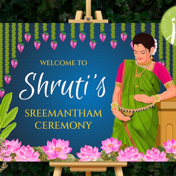 Seemantham welcome sign Sreemantham welcome sign, Indian Baby shower welcome sign as Seemantham Welcome Board, Godh bharai sign Baby Shower