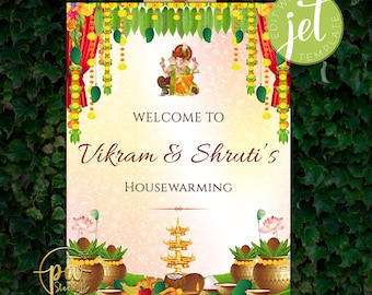 Cartello di benvenuto indiano per l'inaugurazione della casa / Cartello di benvenuto Pichwai Graha Pravesh / Cartello decorativo Griha Pravesh / Cartello Vastu Pooja / Download digitale