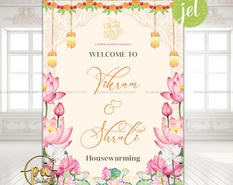 Cartello di benvenuto per inaugurazione della casa indiana / Cartello di benvenuto tradizionale Griha Pravesh / Decorazione per porta di inaugurazione della casa / Cartello Vastu Poojan / DIGITALE
