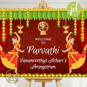 May include: A decorative sign with a red background, featuring the text "Welcome to Parvathi" and "Vanamoorthys Achari's Arangetram". The sign includes illustrations of dancers in traditional attire, gold accents, and floral decorations.