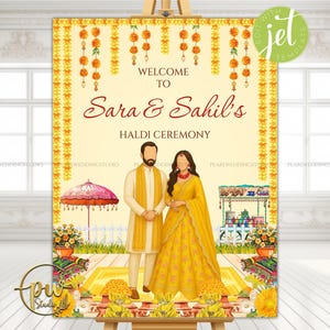 May include: A wedding sign on an easel with the text "Welcome to Sara & Sahil's Haldi Ceremony." The sign features illustrations of a couple in traditional Indian attire, floral decorations, and a small food cart. The color scheme is predominantly yellow and orange.