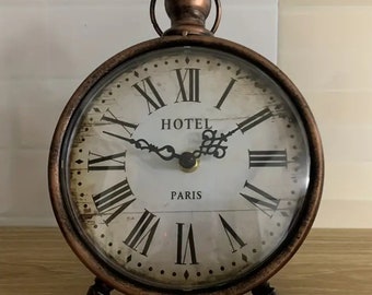 Paris Hotel Clock Vintage Silent Table Clock Round Metal Design Home Decor Holiday Gift Non-Ticking Table Clock Round Metal Design Clock
