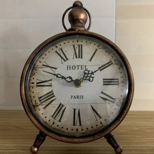 Paris Hotel Clock Vintage Silent Table Clock Round Metal Design Home Decor Mother's Day Gift Non-Ticking Table Clock Round Metal Clock