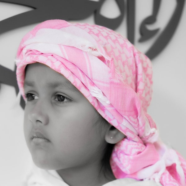 Palestine Support Keffiyeh scarf for girls - 100% Cotton Traditional Scarf for Girls & Women, White and Pink Palestinian scarf Keffiyeh