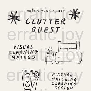 Może przedstawiać: Czarno-biały rysunek na kremowym tle. Tekst brzmi "Clutter Quest" i "Visual Cleaning Method". Ilustracje obejmują łóżko, stolik nocny, pastę do zębów i szczoteczkę do zębów. Widoczny jest również tekst "Picture-Matching Cleaning System".