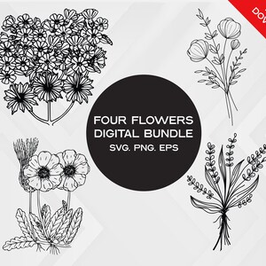 野生の花 | 花の svg | 花の svg | 花のクリップアート | 植物の svg バンドル | 花の葉と枝の svg | 商用利用可