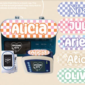May include: The image showcases medical devices with personalized name stickers. The devices have the text "SPOONIE SETS" and the name "Alicia" on them. Additional stickers display names like "Noah," "Julia," "Arielle," and "Oliver" in various checkered patterns.