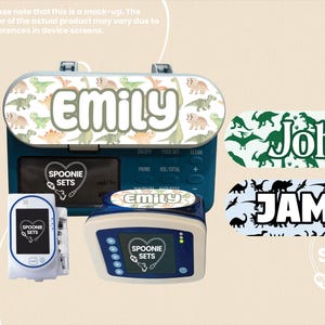 May include: A mock-up image of medical devices with personalized name stickers. The devices are blue and white, with the name "Emily" on one. Other stickers feature the names "John" and "James" with dinosaur patterns. The brand name "Spoonie Sets" is also visible.