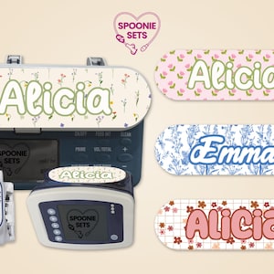 May include: Medical device accessories with floral designs and the name "Alicia" in various styles. The image includes a large device, a smaller device, and several name tags. The name "Emma" is also featured on a name tag. The brand name "Spoonie Sets" is visible.