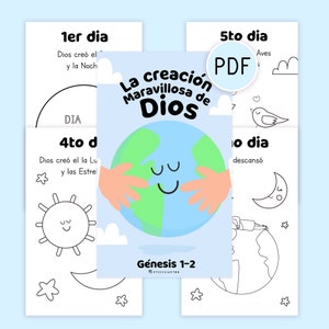 Puede incluir: Una página de libro para colorear en blanco y negro con una ilustración de dibujos animados de la Tierra con manos que la sostienen. El texto "La creación Maravillosa de Dios" está en la parte superior de la página. El texto "Génesis 1-2" está en la parte inferior de la página.