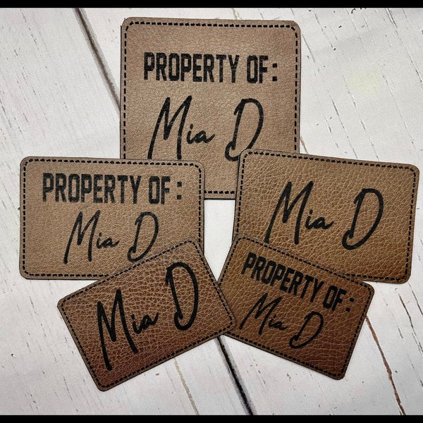 Set of faux leather iron on Personalized Property Patches/ backpack patches/ Lunch Box Patches/ luggage patches