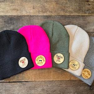 Personalized Knit Beanies with Custom Wooden Buttons