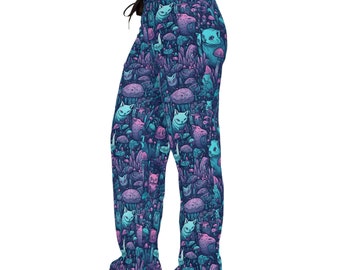 NEW! Trippy Women's Pajama Pants, Cool Cat Pants with Psychedelic Bioluminescent Mushrooms, Gifts for Cat Lovers, O.G. Art by Osohees.