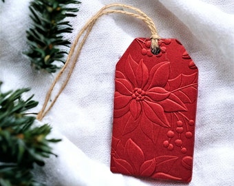 Christmas gift tags, Embossed Poinsettia tag, Holiday gift tags, Pre-strung hanging tags, Favor tags, Paper tags, Scrapbooking, Journaling