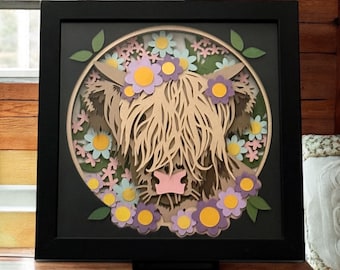 3D Floral Highland Cow Shadow Box: Layered Paper Art, Farmhouse Decor