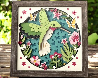 3D Hummingbird Shadow Box: Layered Paper Art, Floral Wall Decor