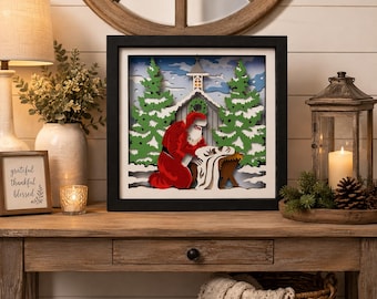 Santa Kneeling at the Manger 3D Shadow Box | Christian Christmas Decor | Nativity Shadow Box