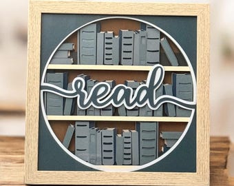 3D Paper Art Shadow Box: "READ" Bookshelf - Book Lover Gift