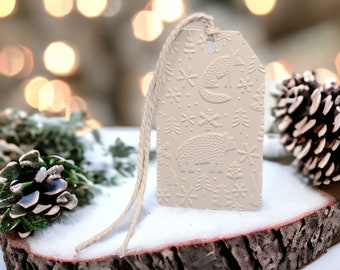 Christmas gift tags, festive forest tag, pre-strung hanging tags, embossed woodland,  gift tags, holiday tags, paper tags, party  favors