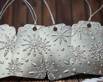Silver Embossed Snowflake Christmas Gift Tags, Handmade Winter Holiday Tags