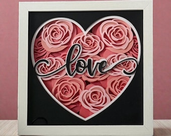 3D Paper Heart Shadow Box – Handmade Rose Love Art