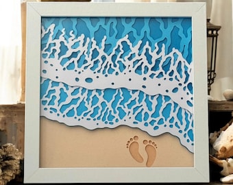 3D Beach Shadow Box: Layered Paper Art - Footprints in Sand