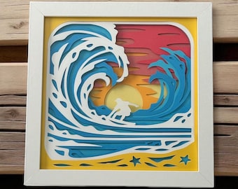 3D Surfer Shadow Box – Ocean Sunset Wave Art - Beach Lover Gift - Coastal Wall Decor