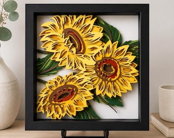 Sunflower Shadow Box | Sunflower Art | 3D Layered  Paper Flower Wall Art