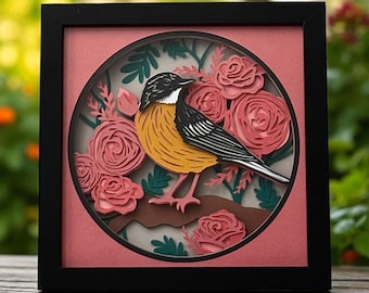 3D Robin Shadow Box: Layered Paper Art, Floral Bird Decor