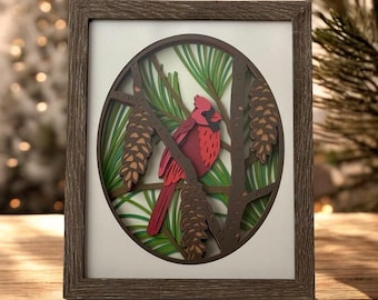 3D Winter Cardinal Shadow Box-Layered Paper Art-Christmas Gift-Unique Cardinal Art-Dimensional Papercraft-Winter Decor-Cardinal in Pines