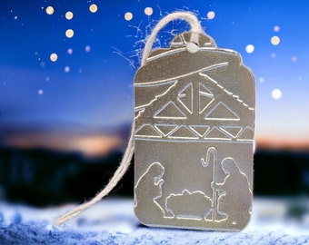 Embossed Nativity Gift Tags: Silver Manger Scene, Holiday Favor