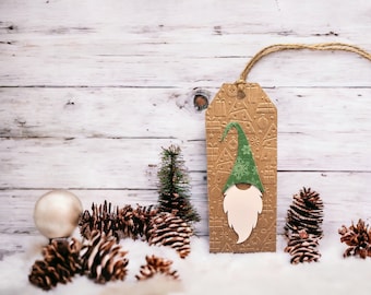 Handcrafted Christmas Gnome Gift Tag: Embossed Kraft Cardstock, Gnome Hat