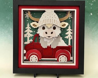 Christmas Highland Coo 3D Shadow Box | Highland Cow in Red Truck | Handmade Holiday Gift