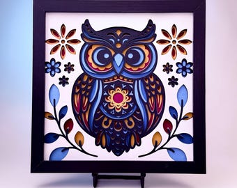 3D  Owl Folk Art Shadow Box:  Papercut Wall Art